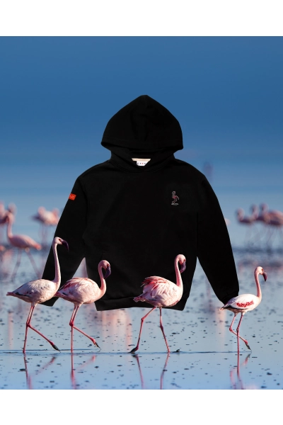 Bluza damska Basic z kapturem z flamingiem karmazynowym - czarna